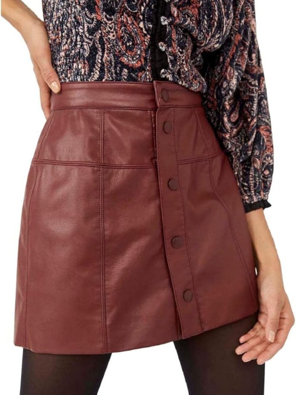 Free People Maisie Vegan Mini Skirt Size 4 Red Brown Faux Leather Button Front